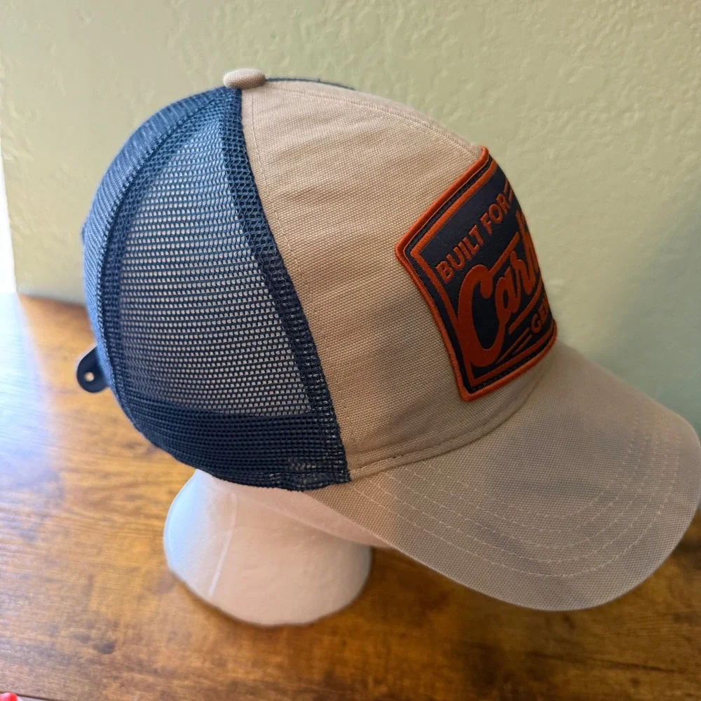 Carhartt Generations Trucker Hat Mens Tan Navy Blue Mesh Snapback Cap Retro Look